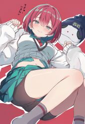 1girl amate_yuzuriha beanie bike_shorts black_hat black_shorts blue_eyes blue_hair blue_skirt closed_mouth colored_inner_hair commentary_request cutlass_(classic_chocolate) gundam gundam_gquuuuuux hair_between_eyes haro hat highres looking_at_viewer midriff multicolored_hair navel necktie red_background red_hair shorts shorts_under_skirt simple_background skirt sleeves_past_wrists smile socks solo sweater white_sweater