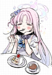 1girl blue_archive blush cake closed_eyes cup dress eating flower food foodgasm fork gradient_hair hair_bun hair_flower hair_ornament halo hand_on_own_cheek hand_on_own_face highres holding holding_fork kurihara_sakura long_hair mika_(blue_archive) multicolored_hair pink_hair plate scrunchie simple_background single_side_bun sketch solo sparkle table teacup traditional_media very_long_hair white_dress wrist_scrunchie