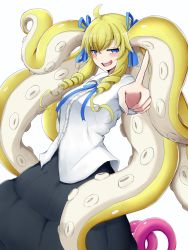 Rule 34 | 1girl, ahoge, blonde hair, blue eyes, blue ribbon, blush, breasts, commentary request, drill hair, emily (mon-musu quest!), hair ribbon, highres, long hair, long skirt, long sleeves, looking at viewer, medium breasts, mon-musu quest!, monster girl, neck ribbon, open mouth, pointing, pointing at viewer, raichi (ddq0246), ribbon, scylla, simple background, skirt, smile, smirk, solo, tentacle hair, tentacles, very long hair, white background