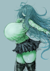 1girl 2b-ge black_thighhighs breasts female_focus green_theme hidden_eyes highres huge_breasts long_hair mei_(2b-ge) messy_hair miniskirt original school_uniform skirt solo thick_thighs thighhighs thighs zettai_ryouiki
