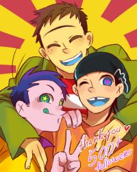 3boys black_hair blue_hair brown_hair cartoon_network closed_eyes ed_(ed_edd_n_eddy) ed_edd_n_eddy edd_(ed_edd_n_eddy) eddy_(ed_edd_n_eddy) friends green_eyes highres hug male_focus multiple_boys one_eye_closed smile tanosan96 tongue tumblr unibrow v