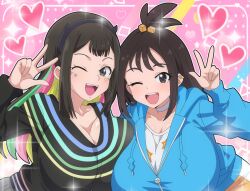 2girls beyblade beyblade_x breast_press breasts crossover highres hitokiwa_kenchin huge_breasts lida_(pokemon) multiple_girls nanairo_multi nintendo pokemon pokemon_legends:_z-a symmetrical_docking