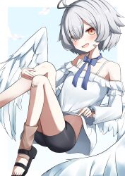 1girl absurdres ahoge angel angel_wings bandaid bandaid_on_cheek bandaid_on_face bandaid_on_knee bandaid_on_leg bare_shoulders bike_shorts black_shorts blush bow clothes_lift fang feathered_wings flat_chest grey_hair halo highres long_sleeves looking_at_viewer off-shoulder_shirt off_shoulder open_mouth orange_eyes red_eyes retumaru_berry ribbon sanatia_(vrchat) sandals shirt shirt_lift short_hair short_shorts shorts skin_fang smile solo vrchat white_hair white_shirt white_wings wings