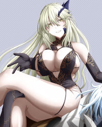 1girl artoria_pendragon_(fate) artoria_pendragon_(lancer_alter)_(fate) artoria_pendragon_(lancer_alter)_(fgo_fes._2025)_(fate) bare_shoulders black_dress black_gloves blonde_hair braid breasts cleavage dress elbow_gloves fate/grand_order fate_(series) gloves gold_trim grin hair_between_eyes hasebe_akira horns large_breasts long_hair looking_at_viewer side_slit sidelocks sitting smile thighs yellow_eyes