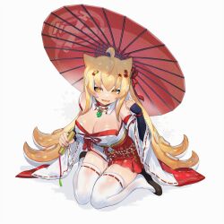 1girl ahoge animal_ears blonde_hair breasts brown_shoes cat_hair_ornament cleavage collar colored_tongue commentary_request commission detached_collar detached_sleeves fingernails flower full_body hair_flower hair_ornament hair_ribbon hakama hakama_short_skirt hakama_skirt half-closed_eyes highres holding holding_umbrella japanese_clothes jinkoika kimono large_breasts long_hair long_sidelocks long_sleeves looking_at_viewer nintendo nontraditional_miko octoling octoling_girl octoling_player_character oil-paper_umbrella open_mouth red_flower red_ribbon red_skirt ribbon ribbon-trimmed_sleeves ribbon-trimmed_thighhighs ribbon_trim second-party_source sharp_fingernails shoes sidelocks sitting skindentation skirt sleeveless sleeveless_kimono smile solo splatoon_(series) tentacle_hair thighhighs umbrella very_long_hair wariza white_background white_collar white_kimono white_sleeves white_thighhighs wide_sleeves yellow_eyes yellow_tongue zettai_ryouiki