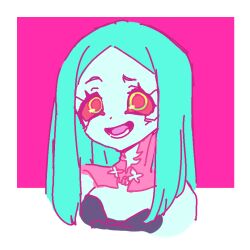 1girl aqua_eyes colored_sclera cowboy_shot cyberpunk_(series) cyberpunk_edgerunners cyborg ewoageruyobemo green_eyes hair_down highres long_hair looking_at_viewer neck_tattoo rebecca_(cyberpunk) red_sclera signature simple_background smile solo tattoo
