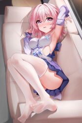 1girl absurdres armpits bad_id bad_pixiv_id blush bow breasts commentary_request couch detached_sleeves fingernails full_body hair_between_eyes highres honkai:_star_rail honkai_(series) indoors long_sleeves looking_at_viewer lying march_7th_(honkai:_star_rail) march_7th_(nascent_spring)_(honkai:_star_rail) medium_breasts namoho82 no_shoes official_alternate_costume on_side parted_lips pink_bow pink_eyes pink_hair purple_skirt purple_sleeves skirt solo thighhighs white_thighhighs