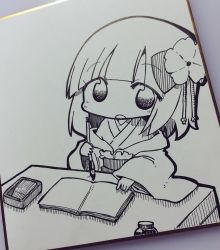 1girl :o blunt_bangs book calligraphy_brush chibi female_focus flower greyscale hair_flower hair_ornament hieda_no_akyuu highres inkwell ink_tank inkwell japanese_clothes kasuga_yuuki kimono long_sleeves looking_at_viewer monochrome open_book open_mouth paintbrush painting_(action) solo table tassel touhou wide_sleeves