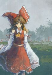 1girl bare_shoulders bow brown_eyes brown_hair closed_mouth cloud cloudy_sky commentary_request detached_sleeves expressionless ge_dazuo hair_tubes hakurei_reimu highres long_hair looking_at_viewer neckerchief red_bow red_shirt red_skirt shirt skirt sky solo touhou yellow_neckerchief