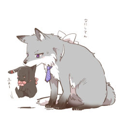 animal animal_ear_fluff animalization blush_stickers bow chibi closed_eyes flower hair_ornament hairclip higuchi_kaede lowres mouth_hold necktie nijisanji no_humans pink_bow pink_flower pink_rose purple_eyes purple_necktie rabbit rebecca_(keinelove) rose simple_background small_sweatdrop sweat translation_request tsukino_mito virtual_youtuber white_background white_bow wolf