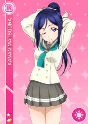 Rule 34 | 1girl, adjusting hair, anime coloring, aqua neckerchief, arms behind head, arms up, blue hair, blush, buttons, card (medium), collarbone, cowboy shot, double-breasted, grey sailor collar, grey skirt, hair tie in mouth, holding, holding own hair, long hair, long sleeves, looking at viewer, love live!, love live! school idol festival, love live! sunshine!!, matsuura kanan, miniskirt, mouth hold, neckerchief, official art, one eye closed, open hand, pink background, pleated skirt, ponytail, purple eyes, sailor collar, school uniform, serafuku, shirt, skirt, smile, solo, standing, star (symbol), tie clip, tying hair, uranohoshi school uniform, white shirt, winter uniform