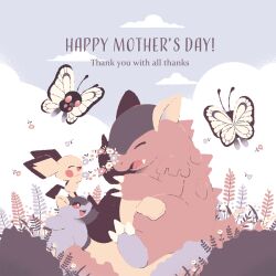 Rule 34 | bright pupils, butterfree, claws, cloud, commentary, english text, fang, gen 1 pokemon, gen 2 pokemon, head wreath, kangaskhan, manami (uovoegg), mother&#039;s day, nintendo, open mouth, pichu, pokemon, pokemon (creature), sitting, symbol-only commentary, white pupils