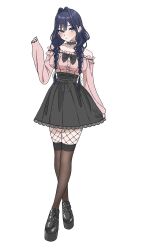 1girl black_bow black_choker black_hair black_shirt black_skirt black_thighhighs blue_eyes bow braid choker closed_mouth dunchy earrings frilled_choker frills full_body hair_intakes hand_up heart heart_choker highres hololive hololive_english jewelry lace lace-trimmed_skirt lace_trim light_blush looking_at_viewer low_twin_braids ouro_kronii pink_shirt shirt simple_background skirt solo standing thighhighs twin_braids virtual_youtuber white_background