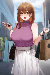 1girl :d absurdres bag bare_shoulders blush breasts brown_eyes brown_hair cellphone earrings highres holding holding_bag holding_phone jewelry large_breasts looking_at_viewer medium_hair mole mole_under_eye necklace ol-chan_(udon) open_mouth original outdoors phone skirt sleeveless smartphone smile solo turtleneck udon_(udonalium) white_skirt