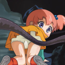 1girl all_fours ass blue_eyes blush boots cave from_behind ginga_hyouryuu_vifam green_shirt hair_bobbles hair_ornament highres loli long_sleeves looking_back orange_skirt panties pink_hair ponytail red_boots rock routinie_pressette shirt short_hair side_ponytail skirt t_jiroo_(ringofriend) tentacles underwear white_panties