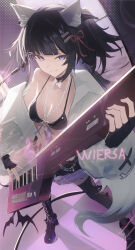 1girl bare_shoulders bikini black_bikini black_hair blunt_bangs boots chain chinese_commentary choker hair_ornament hairclip highres holding holding_instrument instrument keytar long_hair looking_at_viewer multicolored_hair off_shoulder original purple_eyes purple_hair smile solo swimsuit two-tone_hair wiersa