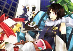 Rule 34 | 3boys, :3, ahoge, animal, animal around neck, assassin (ragnarok online), black gloves, blue sky, box, brown hair, cake, cake slice, candy, candy cane, christmas, christmas tree, commentary request, cross, detached sleeves, elbow gloves, food, fox, gift, gift box, gloves, hat, high priest (ragnarok online), indoors, looking at viewer, male focus, multiple boys, night, open mouth, poring, professor (ragnarok online), purple santa costume, purple shirt, ragnarok online, red eyes, red hat, santa costume, santa hat, shirt, short hair, sitting, sky, sleeveless, sleeveless shirt, slime (creature), smile, snowing, solo focus, spoon, striped sleeves, upper body, utensil in mouth, wane (ruki), white hair, white sleeves, window, yule log (cake)