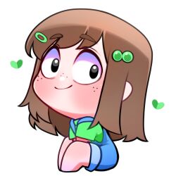 1girl 2025 barefoot blue_overalls blush brown_hair chibi child freckles green_heart_(object) green_shirt highres indie_virtual_youtuber jitter_juiceyt lily_hopkins overalls shirt sitting solo white_background