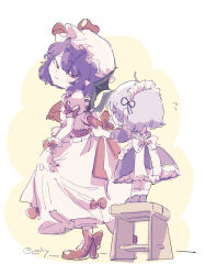 2girls absurdres adjusting_bow aged_down apron artist_name ascot back_bow bat_wings blue_hair bow braid child commentary_request grey_hair hair_between_eyes hat hat_ribbon highres izayoi_sakuya maid maid_headdress mary_janes mob_cap multiple_girls on_stool pink_hat pink_shirt pink_skirt puffy_short_sleeves puffy_sleeves red_ascot red_bow red_eyes red_footwear red_ribbon remilia_scarlet ribbon shirt shoes short_hair short_sleeves signature skirt skirt_set stool touhou twin_braids voal waist_apron wings wooden_stool wrist_cuffs