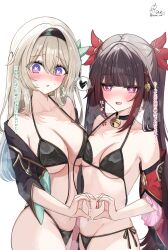 2girls :d :o absurdres bell bikini black_bikini black_hair black_jacket blush breasts brown_hair collarbone commentary_request firefly_(honkai:_star_rail) flower_tattoo front-tie_bikini_top front-tie_top green_hair grey_hair heart heart-shaped_pupils heart_hands heart_hands_duo highres honkai:_star_rail honkai_(series) jacket large_breasts long_hair looking_at_viewer medium_breasts multicolored_hair multiple_girls navel neck_bell open_mouth parted_lips purple_eyes ranran_3939 side-tie_bikini_bottom signature simple_background smile sparkle_(honkai:_star_rail) stomach swimsuit symbol-shaped_pupils tattoo thighs translation_request twintails twitter_username two-tone_hair undone_bikini white_background