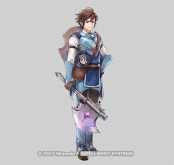 1boy aged_down axe brown_eyes brown_gloves brown_hair copyright_notice fire_emblem fire_emblem_awakening fire_emblem_heroes frederick_(young)_(fire_emblem) frederick_(fire_emblem) frown full_body gloves grey_background holding holding_axe looking_at_viewer male_focus nintendo official_art pebble pouch shield shield_on_back short_hair solo tachi-e v-shaped_eyebrows wada_sachiko
