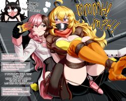 3girls ahoge angry animal_ears bdsm black_hair blake_belladonna blonde_hair blush bondage bound cat_ears cat_girl english_text gag gagged glaring highres improvised_gag issa_castagno kidnapped looking_at_another muffled multicolored_hair multiple_girls neopolitan_(rwby) purple_eyes rwby shibari speech_bubble tape tape_gag two-tone_hair wavy_hair yang_xiao_long