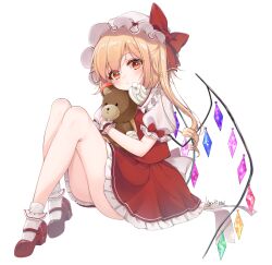 Rule 34 | 1girl, absurdres, artist name, ass, blonde hair, bobby socks, bow, closed mouth, commentary request, crystal, flandre scarlet, full body, haruki (colorful macaron), hat, hat bow, heart, highres, holding, holding stuffed toy, looking at viewer, mary janes, mob cap, one side up, puffy short sleeves, puffy sleeves, red bow, red eyes, red shoes, red skirt, red vest, shirt, shoes, short sleeves, signature, simple background, skirt, socks, solo, speech bubble, standing, stuffed animal, stuffed toy, teddy bear, touhou, translation request, twitter username, vest, white background, white hat, white shirt, white socks, wings, wrist cuffs