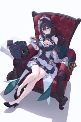 Rule 34 | 1girl, absurdres, alternate costume, apron, bare legs, bare shoulders, bead bracelet, bead necklace, beads, black collar, black dress, black shoes, book, bracelet, breasts, brown hair, chair, cleavage, collar, commentary request, covered navel, criss-cross halter, critter pick (honkai: star rail), cup, dna, dress, earrings, enmaided, full body, gloves, green eyes, hair between eyes, halterneck, high heels, highres, holding, holding cup, honkai: star rail, honkai (series), jewelry, large breasts, legs, long hair, looking at viewer, maid, maid headdress, necklace, on chair, parted lips, partial commentary, ruan mei (honkai: star rail), sasa (sasa ekakiman), shoes, simple background, sitting, solo, teacup, thigh strap, waist apron, white background, white gloves