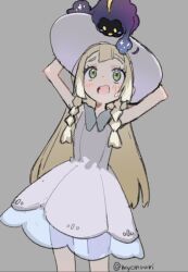 blonde_hair blush braid cosmog dress eyelashes gen_7_pokemon green_eyes grey_background hat kurobeko_(kur0bek0) legendary_pokemon lillie_(pokemon) long_hair nintendo on_head open_mouth pokemon pokemon_(creature) pokemon_on_head pokemon_sm sleeveless sleeveless_dress sweatdrop twin_braids twitter_username white_dress white_hat