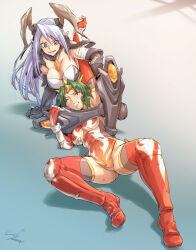2girls catfight character_request jelly_shrimp multiple_girls ring_dream scissorhold smile ultra_kaijuu_gijinka_keikaku ultra_series wrestling zetton