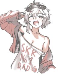Rule 34 | 1girl, bluebeel2, borrowed clothes, breasts, cleavage, commander (girls&#039; frontline), english text, g11 (girls&#039; frontline), girls&#039; frontline, girls&#039; frontline 2: exilium, grey hair, highres, jacket, mechty (girls&#039; frontline 2), off shoulder, one eye closed, open clothes, open jacket, red jacket, simple background, solo, upper body, white background, yawning