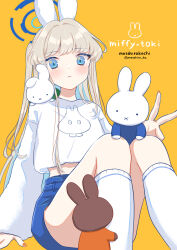 ._. 1girl x_mouth animal animal_ears bad_anatomy bad_hands blue_archive blue_eyes blue_shorts blush closed_mouth commentary_request crop_top fake_animal_ears hair_intakes halo highres kneehighs light_brown_hair long_hair long_sleeves looking_at_viewer masshirokachi midriff nail_polish orange_nails puffy_long_sleeves puffy_sleeves rabbit rabbit_ears shirt short_shorts shorts simple_background sitting sleeves_past_wrists socks solo toki_(blue_archive) twitter_username v very_long_hair white_shirt white_socks yellow_background