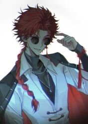 1boy absurdres black_jacket black_shirt bracelet braid braided_ponytail chinese_commentary chinese_knot collared_shirt earrings grin hand_up highres jacket jacket_on_shoulders jewelry long_hair long_sleeves looking_at_viewer male_focus necklace parted_lips pointing pointing_at_self red_eyes red_hair round_eyewear shade shiguang_dailiren shirt simple_background single_braid single_earring smile solo sunglasses tassel tassel_earrings teeth turtleneck two-sided_fabric upper_body white_background white_shirt xiao_weiying yi_ke_si_qsi_mi