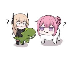 0w0 2girls :3 ? black_jacket blonde_hair blush blush_stickers closed_mouth commentary crossover dorothy_(nikke) english_commentary full_body girls&#039;_frontline girls&#039;_frontline_2:_exilium goddess_of_victory:_nikke hair_between_eyes headgear highres jacket long_hair m4_sopmod_ii_jr mr._pizza_(girls&#039;_frontline_2) multiple_girls parted_lips pink_hair purple_eyes randgriz96 shadow simple_background smile standing stuffed_dinosaur white_background