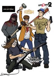 Rule 34 | 4boys, arm up, baseball bat, baseball cap, beard stubble, black gloves, black hair, black shirt, blood, blood from forehead, blood on clothes, blood stain, bloody weapon, brown hair, cable, clothes around waist, constricted pupils, copyright name, crazy grin, cry of fear, denim, dirty, dirty face, electric guitar, ellis (left 4 dead), facepaint, facial hair, fingerless gloves, glasses, gloves, grey hoodie, guitar, gun, hammer, handgun, hat, highres, holding, holding baseball bat, holding gun, holding hammer, holding weapon, hood, hood up, hoodie, instrument, jacket, jacket around waist, jeans, kneeling, left 4 dead, left 4 dead 2, lightning bolt print, long hair, looking at viewer, male focus, mesmaxxy, metalocalypse, multiple boys, music, mustache, over shoulder, pants, playing guitar, playing instrument, print shirt, shirt, short hair, simon henriksson (book), sledgehammer, smirk, spiked bat, standing, stubble, teeth, the eltingville club, toki wartooth, toned, toned male, upper teeth only, weapon, weapon over shoulder, white shirt, william dickey, yellow jacket, yellow shirt