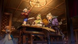 2boys 2girls absurdres alcohol alternate_costume apron arm_up asymmetrical_bangs beer beer_mug bench blonde_hair blue_dress blue_eyes blue_hair blue_shorts blush boots bread breasts brown_pants candle candlestand ceiling clorinde_(genshin_impact) closed_eyes collared_shirt commentary cowlick cup dress food from_below furina_(genshin_impact) genshin_impact green_beret hair_over_one_eye hat_feather high_ponytail highres holding holding_tray indoors jacket juliet_sleeves large_breasts light_blue_hair long_sleeves mug multicolored_hair multiple_boys multiple_girls neuvillette_(genshin_impact) nomae.jie on_table open_mouth pants pointy_ears ponytail puffy_sleeves purple_jacket red_shirt shirt shorts sigewinne_(genshin_impact) sitting smile standing streaked_hair symbol-only_commentary table thigh_boots tray waist_apron waitress white_footwear white_hair white_shirt wooden_bench wooden_ceiling wooden_table wriothesley_(genshin_impact)
