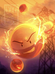 Rule 34 | absurdres, artist name, backlighting, black eyes, electricity, electrode (pokemon), from below, full body, gen 1 pokemon, glowing, grin, happy, highres, jumping, nintendo, no humans, orange sky, outdoors, pokemon, pokemon (creature), pokemon focus, power lines, sky, smile, sunset, teeth, transmission tower, v-shaped eyebrows, voltorb, watermark, yuhata (yuh4t4)