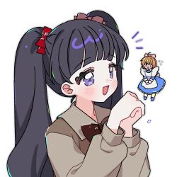 2girls apron black_hair blue_dress blunt_bangs blush bow brown_hair cardcaptor_sakura daidouji_tomoyo dress flying_sweatdrops hair_bow highres kinomoto_sakura kinomoto_sakura_(princess_dreams) lone_nape_hair long_sleeves mini_person minigirl multiple_girls notice_lines pink_bow purple_eyes red_bow short_hair simple_background smile twintails upper_body white_background yalmyu