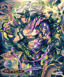 1boy arm_at_side armor artist_name clenched_hand company_name copyright_name eel glowing glowing_eyes holding holding_sword holding_weapon japants long_hair male_focus official_art over_shoulder pectorals red_eyes shingeki_no_bahamut smile standing sword tentacles weapon white_hair