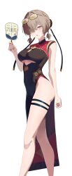 1girl absurdres ahoge black_dress blonde_hair china_dress chinese_clothes clothing_cutout dress eyewear_on_head hair_over_one_eye hand_fan highres holding holding_fan looking_at_viewer natsume_mo_yu parted_lips purple_eyes sweety_(zenless_zone_zero) thigh_strap tinted_eyewear tuanshan underboob_cutout white_background yellow-tinted_eyewear zenless_zone_zero