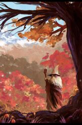 1boy absurdres autumn autumn_leaves beard commentary english_commentary facial_hair forest gandalf grass grey_robe hat highres holding holding_staff leaf long_beard long_hair long_sleeves mage_staff male_focus nature old old_man outdoors photoshop_(medium) robe sarah_rainbow scenery staff standing the_lord_of_the_rings tolkien&#039;s_legendarium tree weapon white_hair wizard wizard_hat