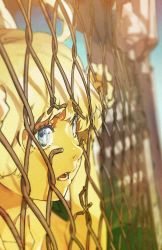 1girl blonde_hair blue_eyes blurry chain-link_fence close-up cropped depth_of_field eye_focus eye_reflection female_focus fence moire open_mouth original reflection rocket short_hair solo yoneyama_mai