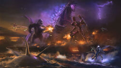 absurdres afterburner aircraft aircraft_carrier airplane alternate_height animal ape artistic_error attack battle cloud cloudy_sky crossover duel e-2_hawkeye electricity energy epic eva_02 evangelion_(mecha) explosion f-35_lightning_ii fighter_jet fire firing flying fog gainax gerwalk giant giant_monster glowing glowing_eyes glowing_mouth glowing_spikes godzilla godzilla_(series) godzilla_(shin) gorilla green_eyes gunpod helicopter highres humanoid_robot itano_circus jeffholy kaiju khara_(animation_studio) king_kong king_kong_(2005) king_kong_(series) lightning long_tail macross macross_zero mecha military military_vehicle missile monster monsterverse multiple_crossover neon_genesis_evangelion night no_humans non-humanoid_robot ocean overcast oversized_animal projectile_trail real_life realistic robot science_fiction sharp_teeth shin_godzilla ship size_difference sky smoke smoke_trail storm sunset sv-51 tail teeth thrusters toho universal_studios variable_fighter very_long_tail vf-0 vf-0s warship water watercraft waves yak-38