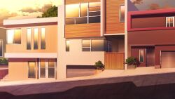 brick_wall bush cloud cloudy_sky fence garage gradient_sky highres house no_humans non-web_source official_art our_life:_beginnings_and_always outdoors plant potted_plant road scenery shadow sky stairs sunset variant_set window wooden_wall