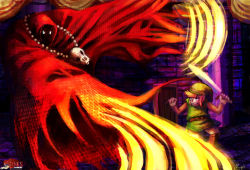 1boy battle boss_battle brown_hair carock elf faceless faceless_male full_body guardian_(zelda) hat highres hood indoors link nintendo pointy_ears serious shield skull sword the_legend_of_zelda weapon white_eyes wizard wizzrobe zelda_ii:_the_adventure_of_link