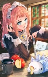 1girl apple apron blue_eyes crossover eiscue eiscue_(ice) elbow_gloves felicia_(fire_emblem) fire_emblem fire_emblem_fates food fruit fuussu_(21-kazin) gen_8_pokemon gloves highres holding holding_knife indoors knife looking_at_viewer maid maid_apron maid_headdress nintendo pink_hair pokemon pokemon_(creature) ponytail smile snom