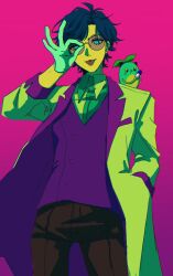 1boy :p black_pants blue_eyes blue_hair coat collared_shirt cowboy_shot eyelashes eyes_visible_through_eyewear glasses gloves gradient_background hand_in_pocket highres lapels leos_vincent long_sleeves male_focus mameneko_(leos_vincent) nijisanji notched_lapels ok_sign ok_sign_over_eye on_shoulder pants parted_bangs purple_vest round_eyewear shirt sleeve_cuffs solo standing tongue tongue_out vest virtual_youtuber white_coat wing_collar yagi_hara