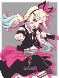 1girl :d black_jacket black_necktie black_skirt blonde_hair blue_eyes blue_hair border choker clenched_hands collared_shirt commentary cowboy_shot drop_shadow earrings fang flat_chest gradient_hair grey_background highres holding holding_microphone i_do_me!_(love_live!) jacket jewelry link!_like!_love_live! long_hair looking_at_viewer love_live! low_twintails microphone miniskirt multicolored_hair multiple_thigh_straps myrain56991013 necktie o-ring o-ring_choker official_alternate_costume official_alternate_hairstyle open_clothes open_jacket open_mouth osawa_rurino outside_border pleated_skirt shirt simple_background skirt sleeveless sleeveless_jacket smile solo teeth twintails upper_teeth_only v-shaped_eyebrows virtual_youtuber white_border white_shirt