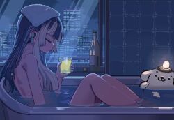 1girl bath bathing black_hair bottle cityscape cl_oor closed_eyes cup from_side hair_censor holding holding_cup hololive hololive_dev_is juufuutei_raden knees_up long_hair multicolored_hair night nude sitting streaked_hair tile_wall tiles towel towel_on_head two-tone_hair virtual_youtuber water white_hair window wireless_earphones