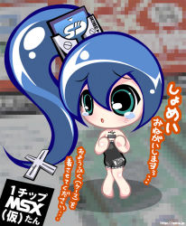 1chip_msx 1chip_msx-tan 1girl aqua_eyes bare_legs barefoot blue_eyes blue_hair blush computer female_focus full_body hair_between_eyes long_hair matching_hair/eyes moe_(phrase) msx off_shoulder open_mouth os-tan personification pigeon-toed pixelated ponytail sd_card second-party_source side_ponytail solo standing tearing_up tears translation_request usb watermark web_address